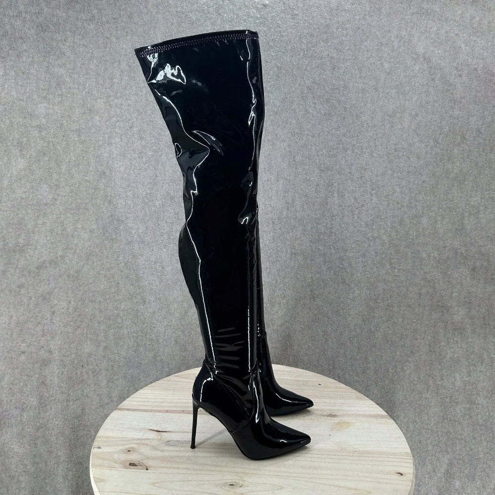 Steve Madden Viktory Patent Faux Leather Thigh High Stiletto Boots Toe Over Knee